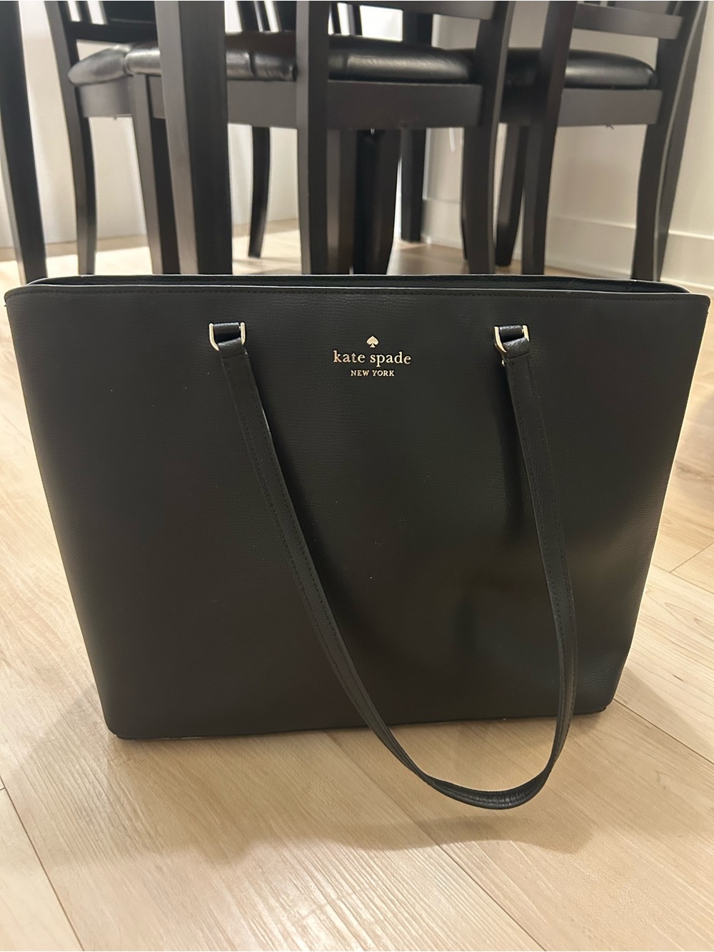 Kate Spade Black Leather Tote with Gold Logo Lettering